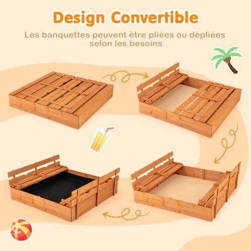 Bac à sable avec 2 bancs convertibles pour le bonheur des petits