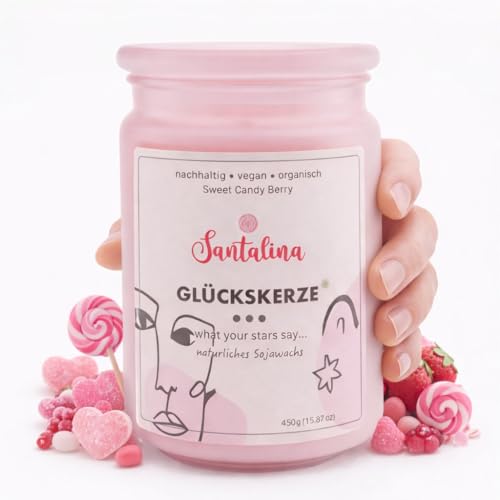 Santalina Duftkerze Walderdbeere & Vanille Glückskerze mit versteckter Botschaft im Wachs | Fruchtig-cremiger Beeren-Vanille-Duft Holzdocht ca. 50 Std. Brenndauer | Geschenk für Frauen