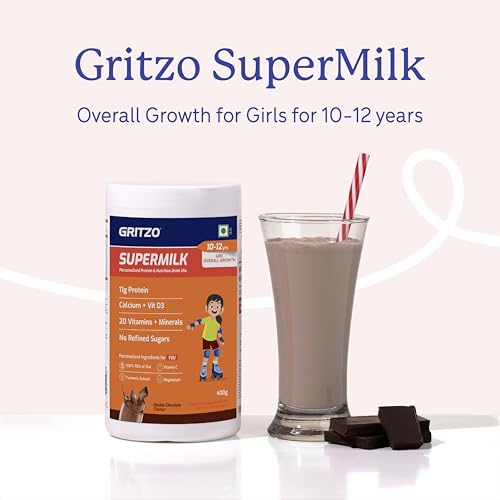 Gritzo SuperMilk Overall Growth (10-12y Girls), 11g Protein Powder (Double Chocolate, 400g) | Zero Refined Sugar, 20 Vitamins & Minerals