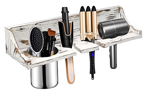 Hair Dryer Holder Wall Mounted Blow Holder Bathroom Hair Tool Organizer, Hair Styling Care Tool Organizer, Rustic Wood Beauty Appliance for Flat Iron, Curling Wand, Hair Straighteners, Brushes ï¼ˆWhiteï¼‰