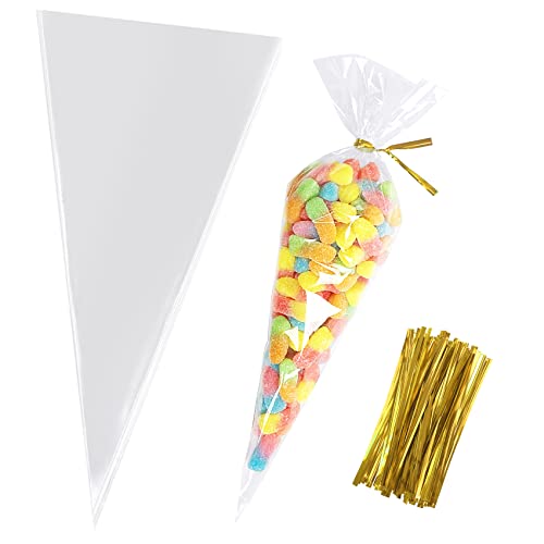 Morepack Cone Shaped Cellophane Treat Bags 5x10 Inches Clear Triangle Plastic Bags for Popcorn Favor Candy 100 Pieces
