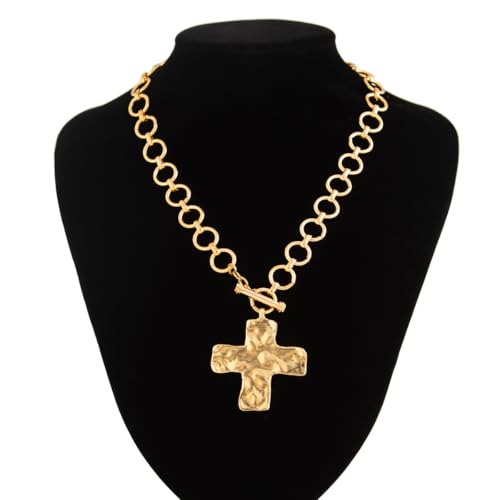 Chunky Cross Necklace for Women Chunky Gold Big Cross Statement Necklace Layering Hammered Bold Necklaces Stacks Toggle Necklaces for Women Stocking Stuffers3