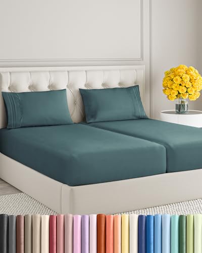 Image of Split King Size 5 Piece Sheet Set - Ultra Soft & Cooling Sheets - Deep Teal | Fits 8 Inch to 16 inch Mattress, Wrinkle Free & Fade Resistant with Deep Pockets, Breathable, Comfy Hotel Luxury Bedding