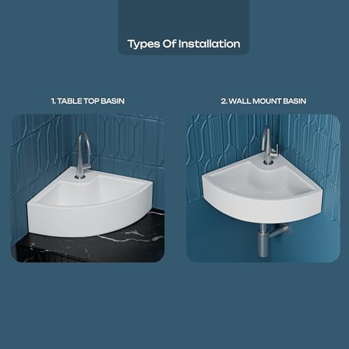 Image of Meta Bathware Premium Corner Wash Basin | Wall Mount And Table Top Ceramic Sink for Bathroom | Scratch Resistant & Easy Clean | Elegant White Glossy Finish (16.5x15x5 Inch)
