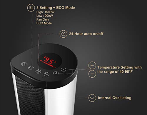 Space Heater, Indoor Portable Electric 1500W Ceramic Tower Heaters with Adjustable Thermostat, ECO Mode, 24Hrs Timer, Internal Oscillating, LED Display, Overheat Protection for Indoor Use, Office