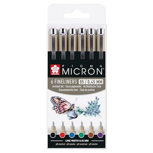 SAKURA Pigma Micron Fineliner Set - 0,45 mm - 6 Farben - Wasserfeste Permanenttinte - Ideal fĂĽr Zentangle, Manga-KĂĽnstler & Hobbyisten