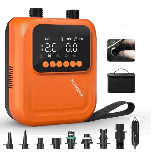 Accwork Electric SUP Pump 20 PSI 12V Car Powered Paddle Board Pump with Dual-Stage Fast Inflation Auto-Off LED Display 5 Modes & 7 Nozzles for Kayaks Tents & Air Mattress