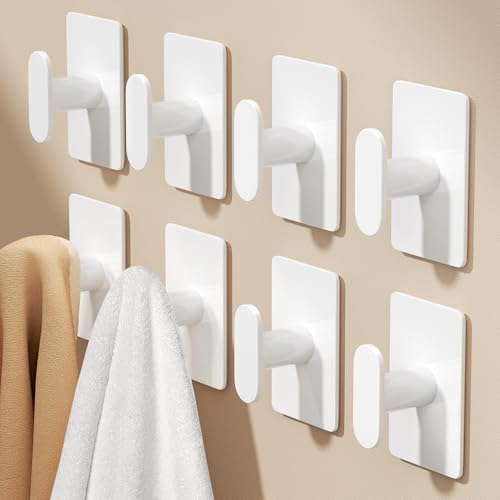 pickpiff Adhesive Towel Hooks: 20LB Extra Strong Wall Hanger, White 8 Pack