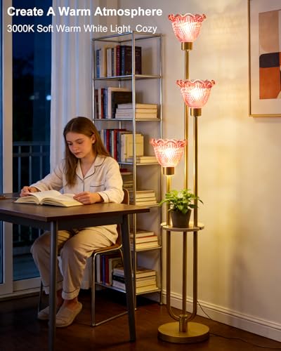 Image of Lightdot Glass Floor Lamp for Living Room Gold Floor Lamp with Rose Red Glass Shade & 3000K Bulbs Included Modern Tall Standing Lamp with 5Lbs Heavy Base for Bedroom /Sofa Beside /Corner Decor