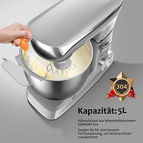 Küchenmaschine Scheffler 2000W Knetmaschine,5L Küchenmaschine XL,Teigmaschine, 6 Geschwindigkeiten, 8 weiteren Zubehörteilen inklusive, Knethaken, Flachrührer, Schneebesen (5L-Silver) – Bild 7
