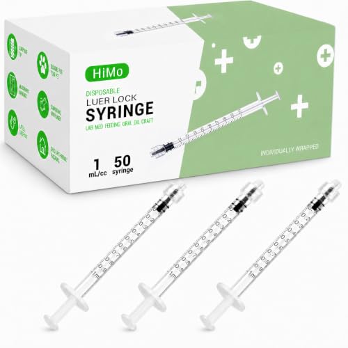 Image of 50 Pack 1mL Luer Lock Syringe No Needle, Sterile Individually Wrapped | Clear Plastic, Twist-On Luer Lock, for Pet Feeding, Lab Use, Liquid Transfer, Easy Dosing