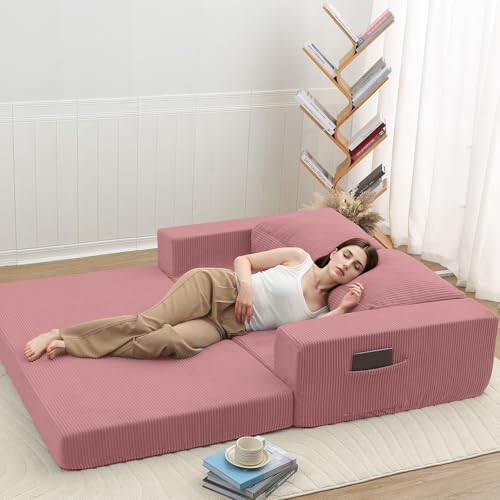 Image of COMAX Futon Sofa Bed, Convertible Sofa Bed, Folding Boneless Couches | Boneless Couch for living room, 4‑in‑1 Fold Out Small Foldable Loveseat Floor Sleeper Mattress Lounge Space‑Saving, Pink
