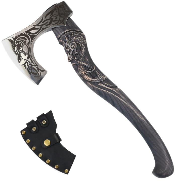 Viking Wolf Axe Fenrir Handmade, Nordic Axe Functional, Bearded Viking Hatchet with Sheath AncientSmithy (Black Fenrir Hand Carved18.1)