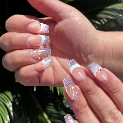 SEMATA Acrylic French Tip Press on Nails Medium Long Square Nails Press ons Coffin Purple Glitter Glue on Fake Nail with 3D Rhinestone Designs Artificial Stick on False Nail for Women 24Pcs — view 2