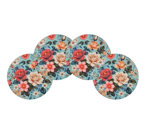 Image of LaVichitra Cotton Table Placemat | Dining Table Mat | Bed Side Table Mat | Cotton Round Shape Placemats | Washable PlaceMat for Shelves & Plant Pots - Pack of 4, Blossom