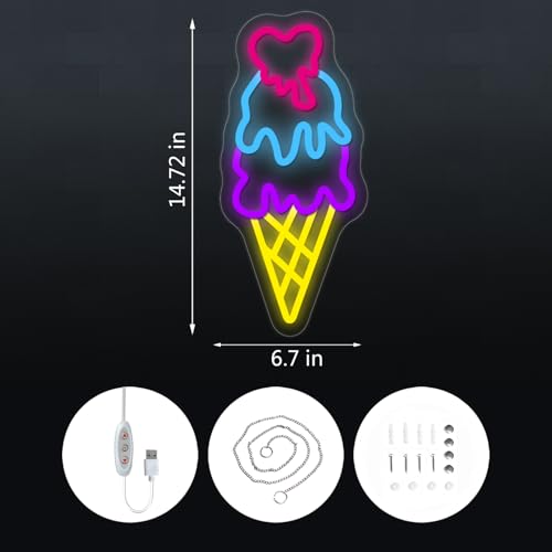 Image of Ice Cream Open Neon Sign for Wall Decor Dimmable Business LED Neon Light for Ice cream Drink Bar Shop Birthday Christmas Party Bedroom USB Powered Neon Art Signs Decor 14.7x6.7 inch