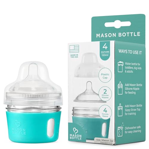 Image of Mason Bottle Glass Baby Bottle DIY Kit – Fits 4oz Mason Jars – Includes 2X Slow Flow Nipples, Silicone Sleeve, and Cap (Ring, Lid, and Jar Not Included) – Made in USA