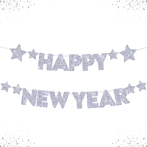 Silver Glitter Happy New Year Banner - Big, 10 Feet, No DIY | NYE Decorations | Happy New Year Decorations 2022 | Happy New Year Sign for New Years Eve Decorations | New Years Eve Party Supplies 2022