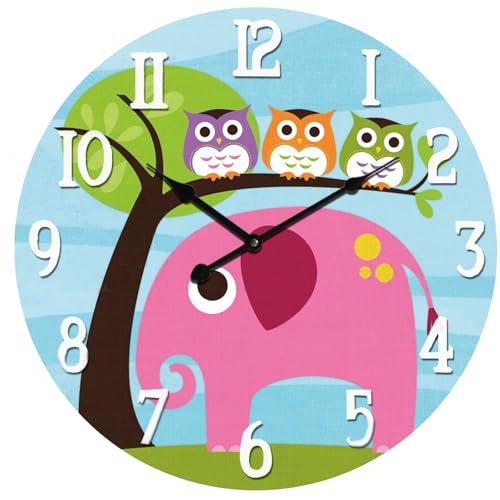 Eruner Cute Wall Clock, 14 inch Modern Family Animated Cartoon Decoration,Quality Silent Non-Ticking Wood Clock Painted Elephant Owl Lovely Style for Nursery Kid's Room Decal(Elephant, M5)