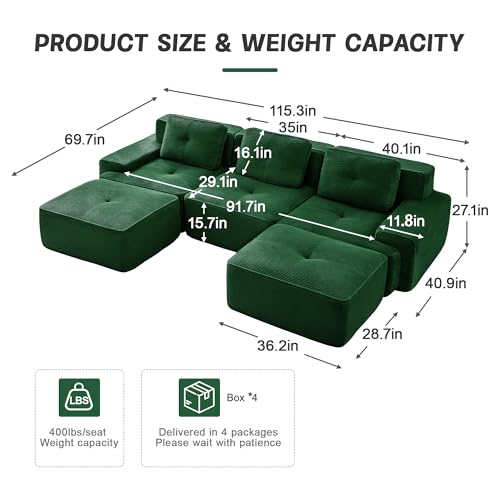 Image of 117 inch U-Shaped 3-Seater Modular Boneless Couch with 2 Ottomans, Cozy Corduroy Upholstery, Deep Seat Cloud sectional Sofa, No Assembly Anti-Slip Stable Design, Green