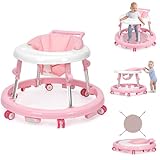 TreeCute Baby Walker Foldable with 9 Adjustable Heights, Baby Walker with Wheels Portable, Infant Toddler Walker for Baby Boy Girls 6-18 Months (Pink)