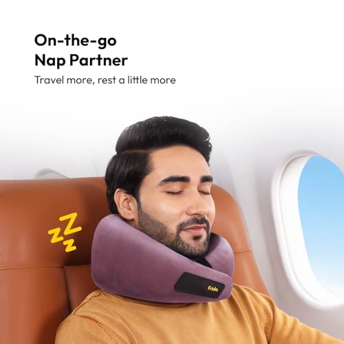 Frido Travel Neck Pillow, 100% Hi-Per Foam, Lightweight Neck Support Pillow, Neck Pillow for Flight Travel, Memory Foam Car Neck Pillow, Adjustable Velcro Straps, Free Travel Pouch (Pink)
