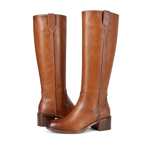 Knee High Boots for Women Chunky Heel Round Toe Leather Patent Boots Low Block Heel Tall Boots With Side Zipper3