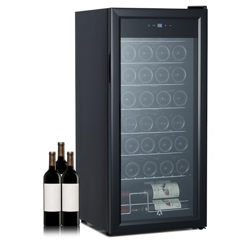 32 Bottle Wine Cooler Refrigerator, Wine Fridge with Touch Screen & LED Display, Adjustable Temperature 41°F to 64°F, Freestanding Cabinet Wine Cellars with Glass Door for Red, White and Champagne