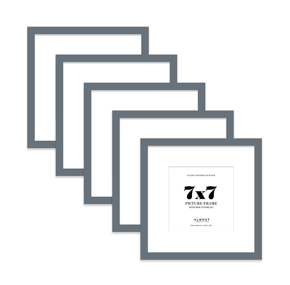 7x7 Grey Picture Frame with Mount for 5x5 Photos, Prints - Modern Square Wall Frame, Set of 5