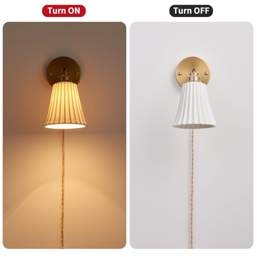 Image of Fetason Plug in Wall Sconces Set of 2, Modern Ceramic Gold Wall Sconce Light with Switch, Vintage Bedside Wall Lamp Light Fixtures for Living Room Bedroom Kitchen Home Office Hallway