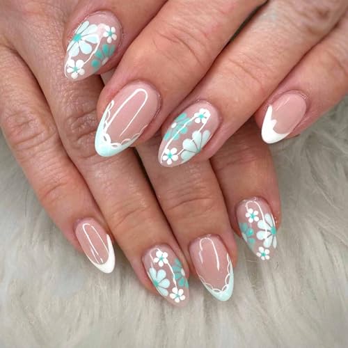 Spring Press on Nails Medium Oval Fake Nails with Blue Flower Des...