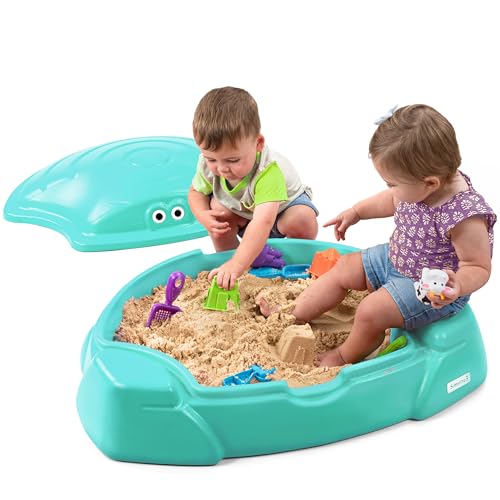 Image of Simplay3 Coastal Crab Fully Assembled Sandbox for Kids, Toddler Outdoor Sand Box with Lid for Playground, Backyard, Ages 1.5 to 5 Years, Made in USA, Teal