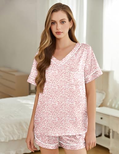 Image of Silk Pajamas for Women Short Sleeve Satin 2 Piece Pj Set Soft V Neck Sleepwear Loungewear, S-XXL