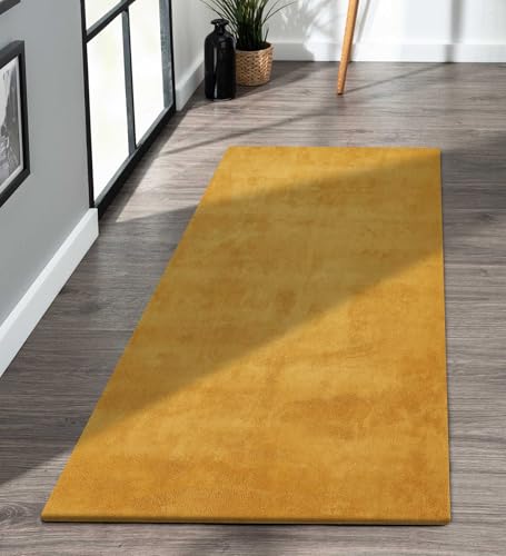 Image of Obsessions Polyester Bedside Runner with Solid Pattern Felt Backing, Ideal for Bedroom & Living Room 60x150cm, Camel