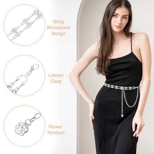 Silver Rhinestone Chain Belt for Women Crystal Bling Dress Belt Adjustable Sparkle Thin Waist Belts for Wedding Party Evening Dress3