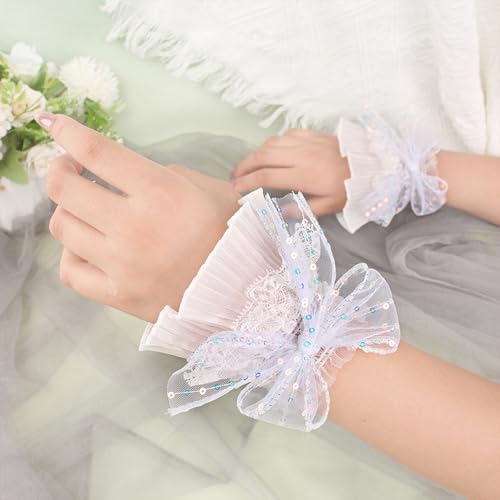 Lolita Lace Gloves White Bow Hand Sleeve Halloween Lolita Wrist Cuffs Sequin Bowknot Short Gloves Sleeves for Women Girls Halloween Masquerade Party Nightclub Wedding Decoration2