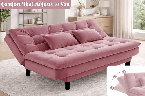 Image of Velvet Convertible Three-Seater Futon Sofa Bed with Tufted Sleeper Couch with Adjustable Backrest- Living Room Furniture-Rose-Pink-Color