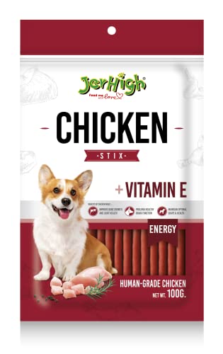 Jerhigh Dog Treats, Human Grade High Protein Chicken, Fully Digestible Healthy Snack & Training Treat, Free from by-Products & Gluten, Stick 100gm (5 X 100g) Sold by DogsNCats