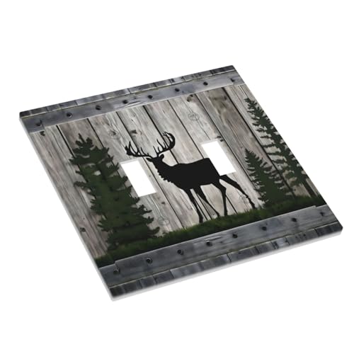 Decorative Light Switch Cover Plate Rustic Deer Elk Forest Grey Wood Board 2 Gang Wall Plate Oversized Double Toggle Two Switch Wall Cover Plate Dual Device Faceplate