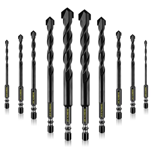 10 Piece Masonry Drill Bits for Tile Glass Ceramic Wall Brick Stone Soft-Metal Wood, Concrete Drill Bit Set,Carbide Tungsten Steel Alloy