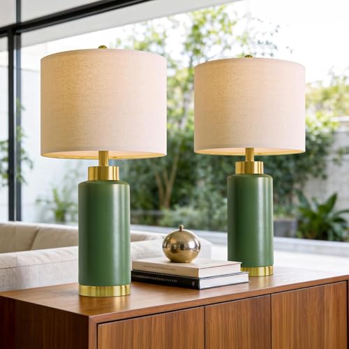 USumkky 25 Green Ceramic Table Lamp Set of 2 Modern Mid-Century Bedside Nightstand Lamps for Bedroom Living Room Linen Shade & Gold Metal Base Rotary Switch E26 (Bulbs Excluded)