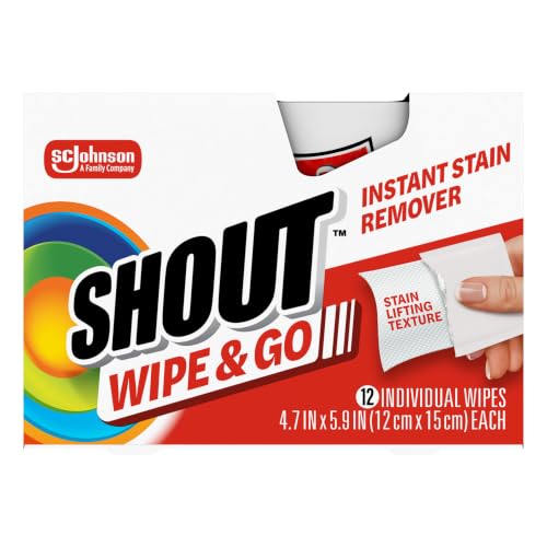 Image of Shout Wipe & Go Instant Stain Remover Wipes, No Wash Required, Safe on Colorfast Washables, Travel & Baby Diaper Bag Essentials, Removes Grass, Coffee, Makeup & More, 12 Wipes (Pack of 1)