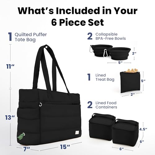 Image of rubyloo Puffer Dog Travel Bag for Dog Moms - Doggy Diaper Bag with Pet Bowls & Food Storage or Everyday Puffy Tote - Doggy Mom Gifts for Women - Lightweight, Travel-Ready Gift for Pet Lovers - Black