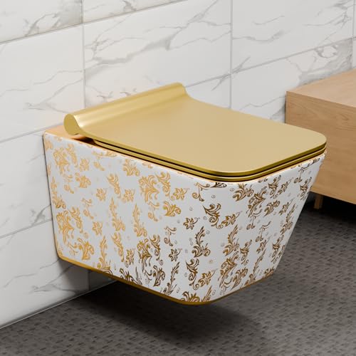 Image of InArt Ceramic Wall Hung Toilet Commode, Gold Rimless, Soft Close, P-Trap | Compact square design, size 53 x 36 x 35 cm, suitable for concealed flush tank