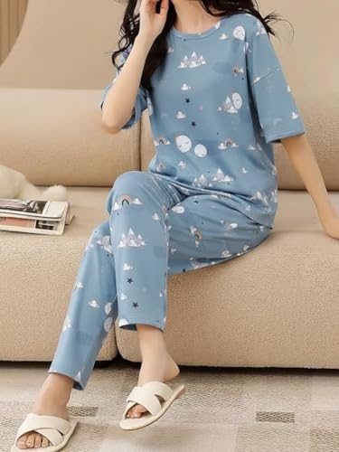 Image of Women's Korean Style Night Suit Set | Cotton Half Sleeve Top & Pyjama Set | Round Neck Printed Nightsuit | Comfortable Nightwear & Loungewear for Women | Sleepwear Pjs Lounge Set |Co-ords Outfit