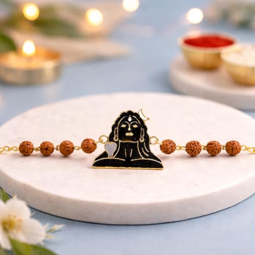 Image of JAIPUR ACE Shiv Rakhi for Brother with Rudraksha Beads | Premium Designer Raksha Bandhan Bracelet Rakhi | Mahadev Adiyogi Rakhi Thread for Men & Boys | Gold Finish (Adiyogi Rakhi)