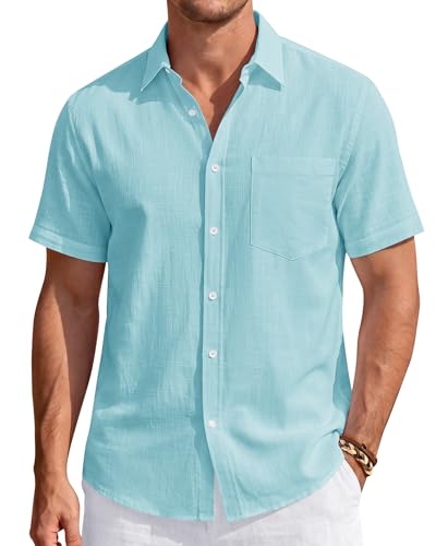 Image of J.VER Mens Linen Shirt Short Sleeve Button Down Casual Summer Shirts | Cotton Linen, Untucked, Big Tall, from Beach Camp Vacation, Cruise Fishing, Work Office, to Wedding Party Family, with Pocket