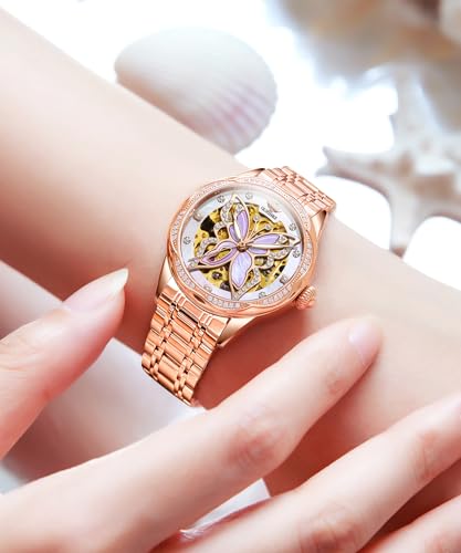 Image of OLEVS Womens Diamond Watches Automatic Mechanical Gold Luxury Dress Ladies Self Winding Original Stainless Steel Wrist Watch