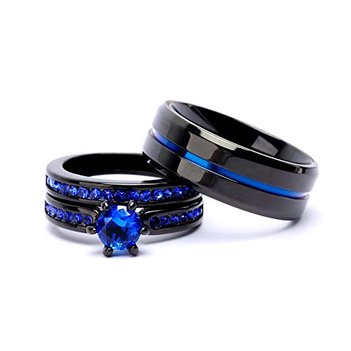 loversring Couple Ring Bridal Set His Hers Women Black Gold Plated Blue Agate Men Stainless Steel Wedding Ring Band