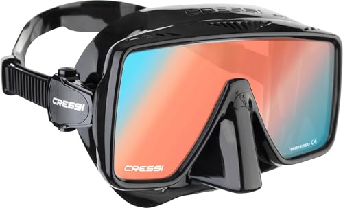 Image of CRESSI since 1946 - SF1 Mask - Frameless Square Mask with Tempered Lens for Freediving and Snorkelling, Black /380 UV /Orange Blue Lens, One Size Unisex
